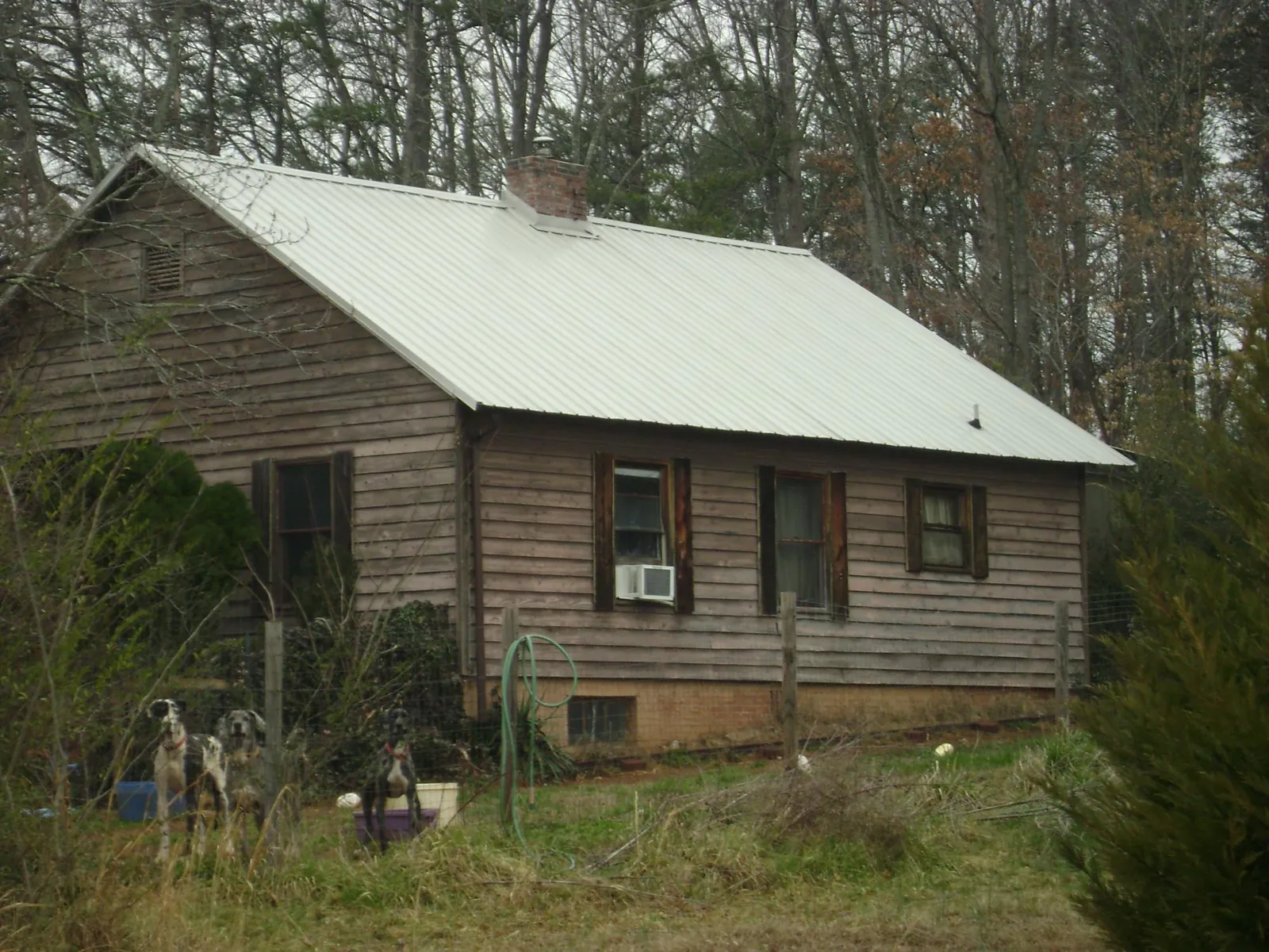 White metal roof on an old wood sided farmhouse, from a Asphalt Shingle Roof Repair job in San Pedro